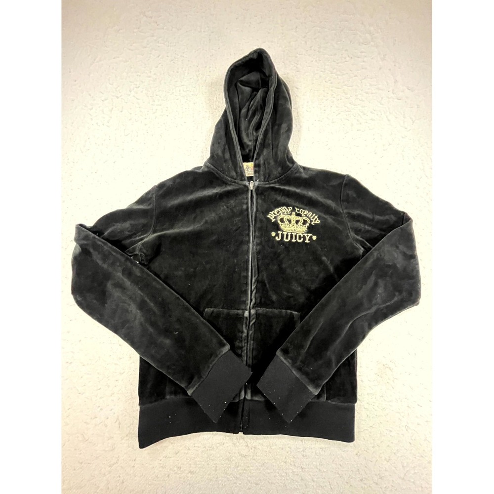 Y2K Vintage Juicy Couture Velour Hoodie Womens Medium Black Full Zip Crown Logo
